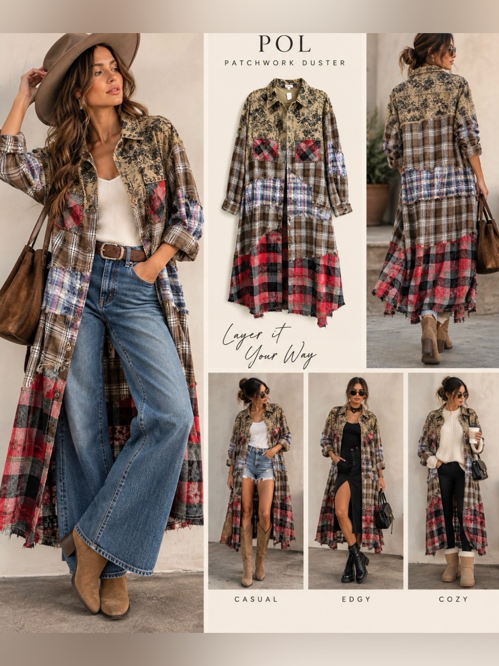 POL Patchwork Plaid Floral Studded Maxi Duster Shacket Boho L